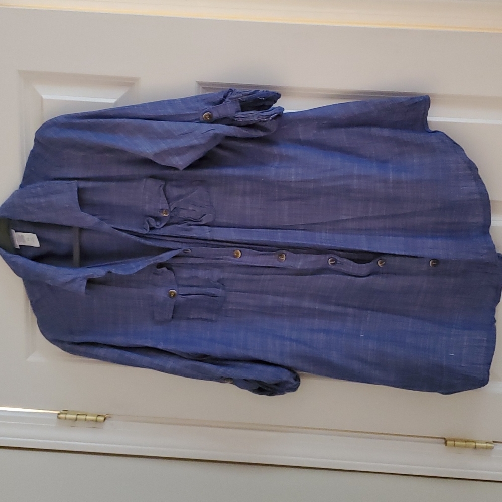 Denim blue button down long shirt 100 percent washable rayon